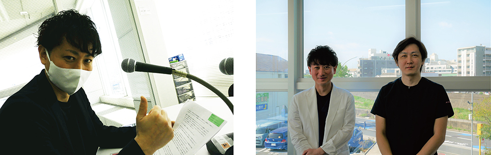 写真左：FM戸塚のラジオ番組に出演した眞壁医師　写真右：左から眞壁医師、上野医師