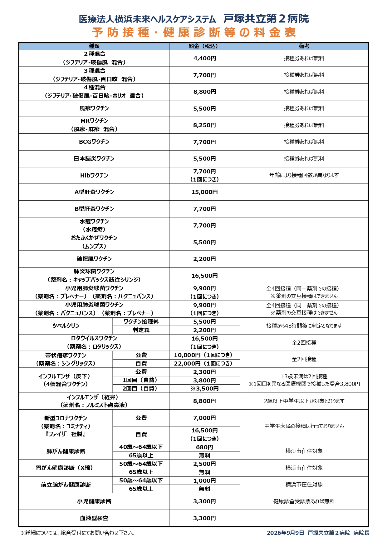 予防接種・健康診断等料金表